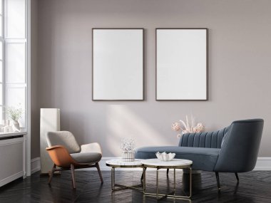 Konforlu ev iç mimarisi, duvarda modern mobilyalar, dekorasyondaki boş çerçeveler, 3D tasarım.