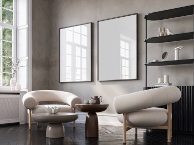 Konforlu ev iç mimarisi, duvarda modern mobilyalar, dekorasyondaki boş çerçeveler, 3D tasarım.