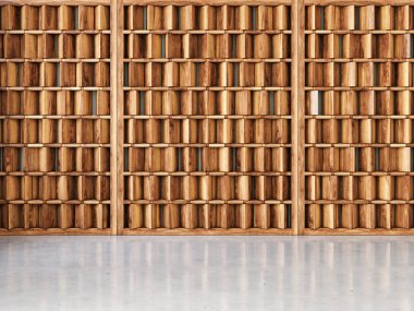 Minimalism empty interior with decorative wooden wall in background.  clipart