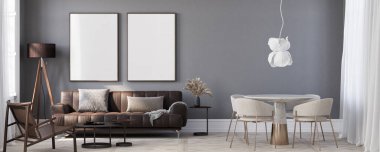 Oturma odasının içinde üç büyük beyaz çerçeve ve üç boyutlu resimler var..