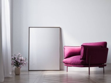 Oturma odasının içinde üç büyük beyaz çerçeve ve üç boyutlu resimler var..