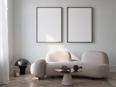 Beyaz duvardaki boş resim çerçevesi modeli. Beyaz oturma odası tasarımı. Sandalyeli modern İskandinav tarzı iç mekan. Ev sahneleme ve minimalizm kavramı