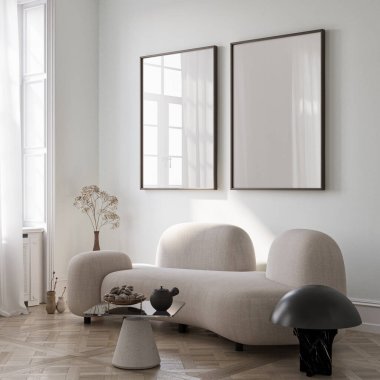Beyaz duvardaki boş resim çerçevesi modeli. Beyaz oturma odası tasarımı. Sandalyeli modern İskandinav tarzı iç mekan. Ev sahneleme ve minimalizm kavramı