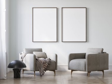 Minimalist ev içi arka plan, yansımalı posterler, 3 boyutlu illüstrasyon