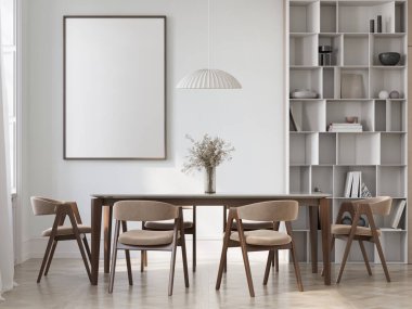 Yemek odası, modelli poster, iç minimalizm tasarımı, 3D iç illüstrasyon.