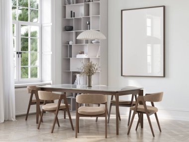 Yemek odası, modelli poster, iç minimalizm tasarımı, 3D iç illüstrasyon.