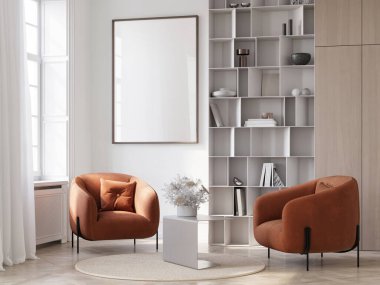 Modern oturma odası iç mekanı, sunum için poster, 3D illüstrasyon.