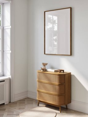 Odadaki dolap, yansımalı boş model poster, 3D illüstrasyon.