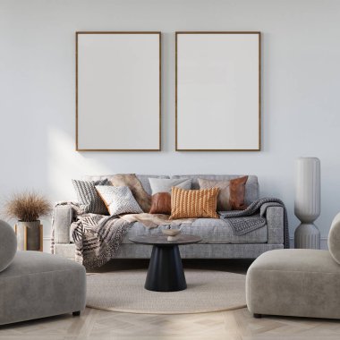 Oturma odasının içi rahat. Arka planda 3 boyutlu bir poster var..