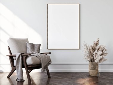 Ev dekorasyonu, 3d illüstrasyon ile minimal iç tasarım sunumu için boş poster.