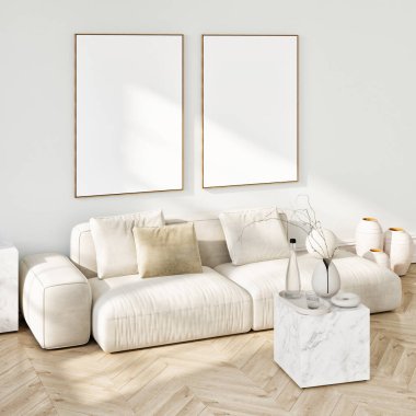 Beyaz minimalizm iç mimarisi. Model poster, 3D illüstrasyon..