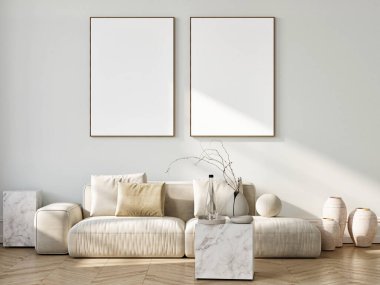 Beyaz minimalizm iç mimarisi. Model poster, 3D illüstrasyon..