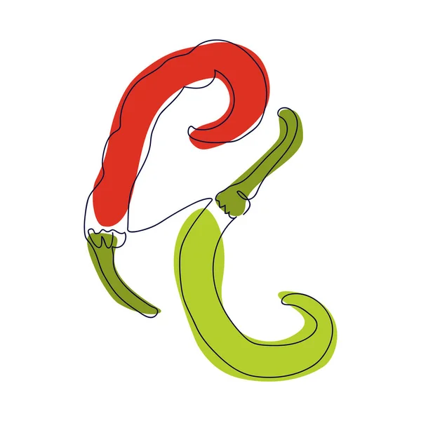 İki kırmızı ve yeşil acı biber, beyaz arkaplanda koyu siyah bir çizgi çizilmiş. Karalama biçimi sanatında basit çizim