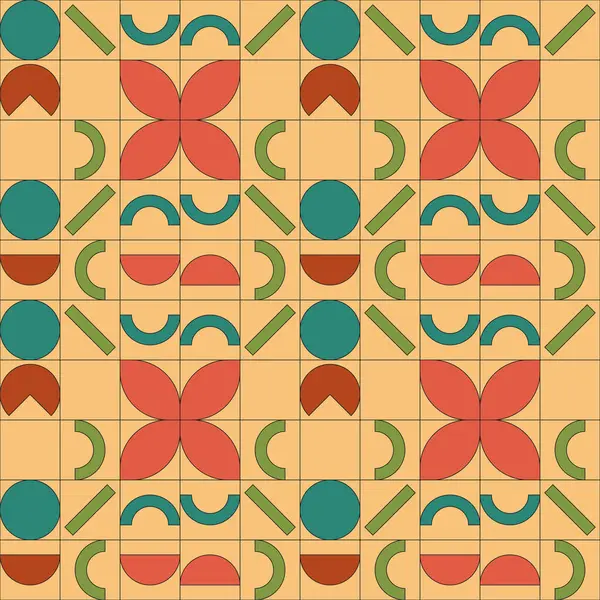 abstract seamless geometric tile pattern with circles sticks arcs of different colors. vector background