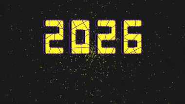 2026 numaralı animasyon. Uçan altın parçacıkları ve siyah arka planda iki sarı robot. Yeni yıl ve robot bilimi kavramı. 4K