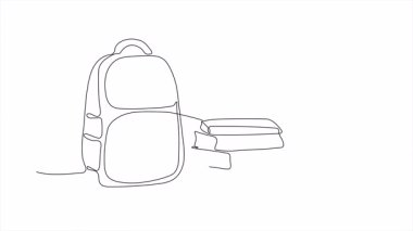 Okul çantasının bir satırlık çizimi, içinde bir yığın kitap ve beyaz arka planda kurşun kalemler olan cam. Okula ve kırtasiyeye geri dönmek. Çizgili animasyon: kontur çizgisi, sürekli çizgi. 4K canlandırması