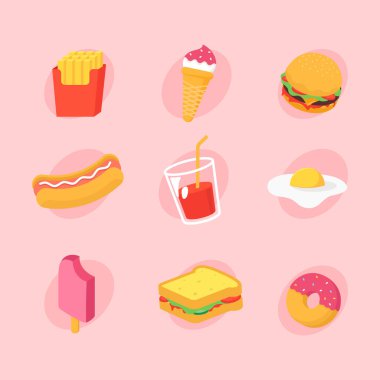 Dokuz kişilik bir set halinde fast food ve içecek. Vektör Simgeleri EPS