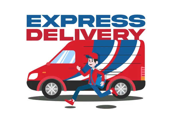 Express Delivery Van Met Postbode Loopt Met Tas Vectorontwerp — Stockvector