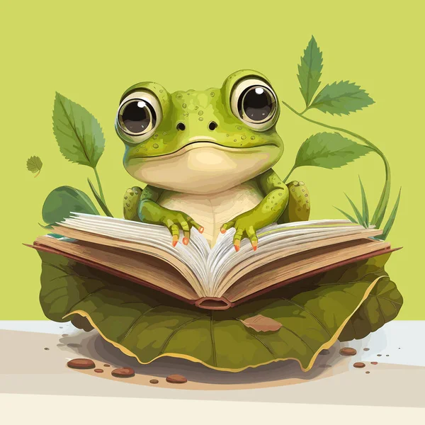 Cute Frog Stojący Książce Patrząc Ciekawski Wektor Ilustracja — Wektor stockowy
