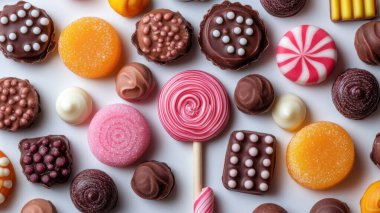 Beyaz arkaplanda farklı renkli şekerler, düz yatış