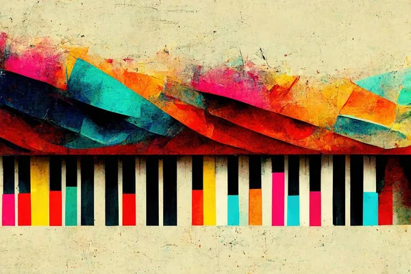 Music poster with colorful abstract piano keyboard illustration. Colorful music background with piano keys for live concert events, music festivals and shows, party flyer. High quality photo