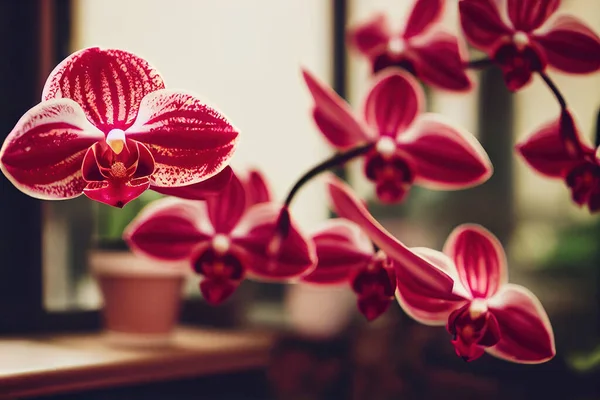 stock image Close up view of a beautiful miniature red phalaenopsis orchid plant in bloom. High quality photo