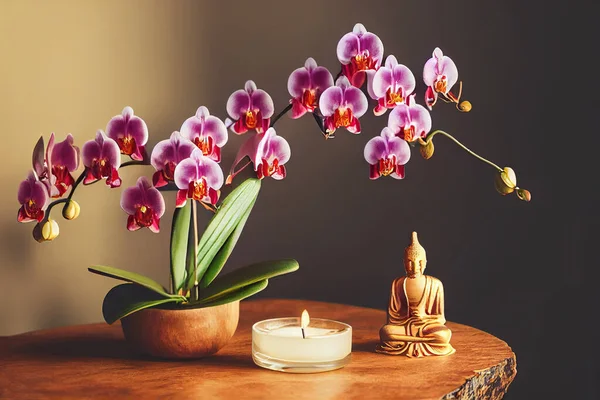 Buddha Kerze Phalaenopsis Blumen Und Entspannte Zeit Hochwertiges Foto — Stockfoto