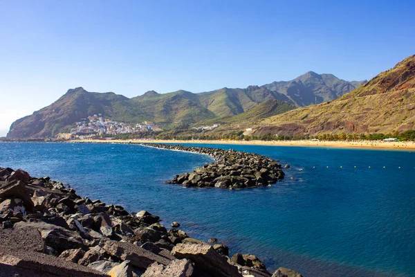 Panoramatický Výhled Zlaté Písky Playa Las Teresitas Mola Zachycující Klidnou Royalty Free Stock Fotografie