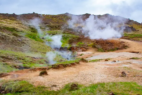 This captivating image illustrates the ethereal beauty of the steaming vents and volcanic activity that characterize the mountainous region surrounding the Reykjadalur Hot Spring Thermal River in
