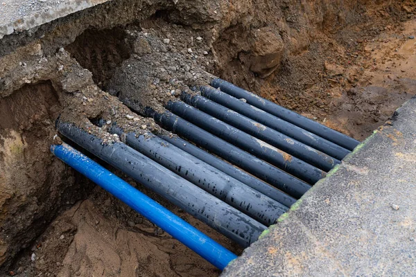 Plastic Metal Pipes Running Trench Dug Ground View — Stock Photo, Image