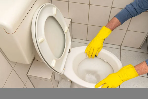 Hands Man Yellow Gloves Cleaning Toilet Bowl Bathroom Top View Royalty Free Stock Photos