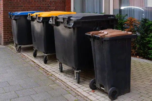 Dört tekerlekli çöp bidonları, her birinin bir binanın önünde farklı renkte kapakları var.. 