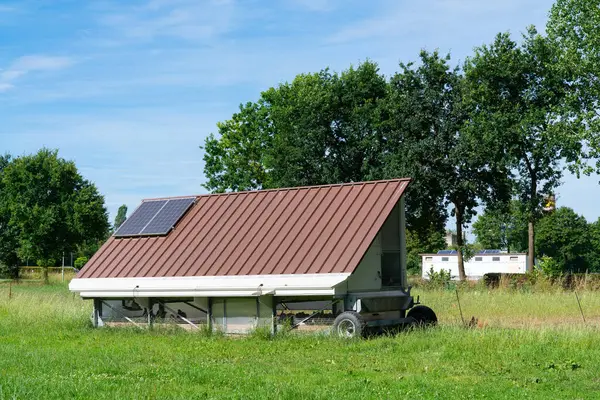 stock image A modern, solar-powered chicken coop sits on a grassy field with trees in the background.