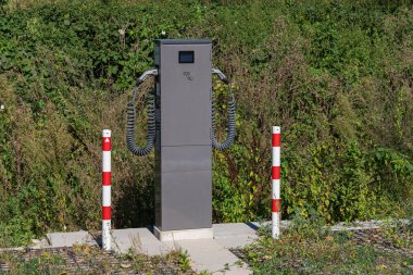 Görüntü, canlı yeşil yaprakların arasına yerleştirilmiş elektrikli araç şarj istasyonunu gösteriyor. Tek başına, iki şarj limanı var. Çevre dostu ulaşım için ideal..