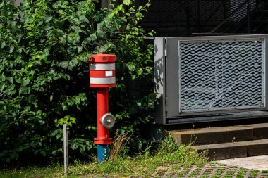 Kırmızı bir yangın musluğu, kısmen yemyeşil çalılarla gizlenmiş bir binanın yanında duruyor. Metal bir kapı yakında, canlı yangın musluğuna ve doğal çevreye modern bir kontrast sunuyor..