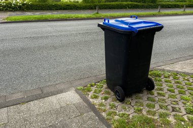 Mavi kapaklı siyah bir çöp kutusu sessiz bir caddenin kaldırımının yanında duruyor. Yeşillik bölgeyi çevrelemiş, sakin bir banliyö atmosferi yaratmış, günlük aktiviteler için ideal..