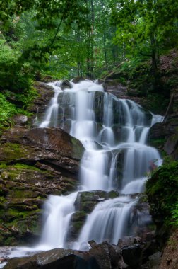 Ukrayna 'nın Karpat Dağları' ndaki Shypit Şelalesi 'nin çarpıcı uzun pozlama fotoğrafı. Uzun pozlama tekniği, çağlayan su üzerinde yosunlu kayalar ve yemyeşil orman ile güzel tezat oluşturan yumuşak ve ipeksi bir etki yaratır. 