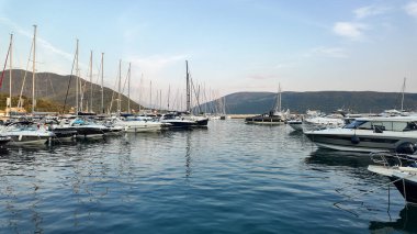 Karadağ 'ın Herceg Novi kentinde sakin ve berrak sularda sallanan çeşitli yat ve teknelerle dolu bir marina manzarası. Sahne, parlak bir gökyüzünün altında yuvarlanan yeşil dağların zeminine kurulur..