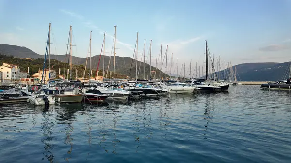 Karadağ 'ın Herceg Novi kentinde sakin ve berrak sularda sallanan çeşitli yat ve teknelerle dolu bir marina manzarası. Sahne, parlak bir gökyüzünün altında yuvarlanan yeşil dağların zeminine kurulur..