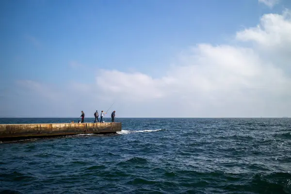 Geniş açılı bir çekim, Odesa, Ukrayna 'daki sağlam bir beton dalgalanmasından keyif alan bir grup insanı Karadeniz' in engin genişliği ve hareketlilik için sakin bir zemin sağlayan açık mavi gökyüzü ile yakalıyor..
