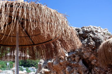 Samandan şemsiye ya da tropik sahilde gökyüzü manzaralı sazdan bir kulübe. Sahil şemsiyeleri açık mavi gökyüzüne karşı