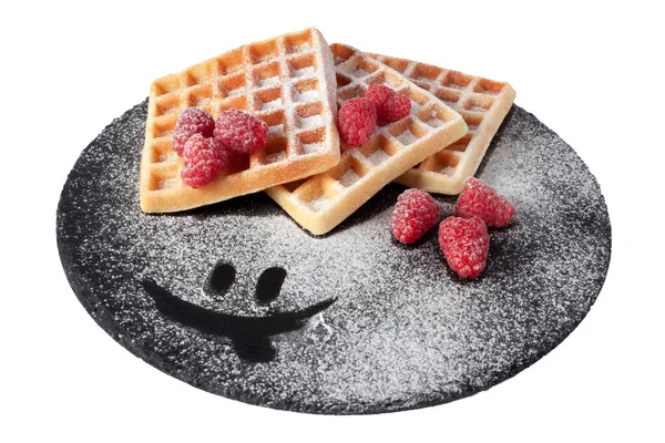 Homemade Waffles Berries Sugar Powder Black Stone Plate Isolated Belgian — Stock Photo, Image