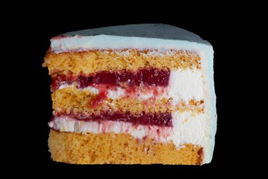 Honey cake layers with raspberry jam and white curd cream texture close up. Homemade cake slice in macro