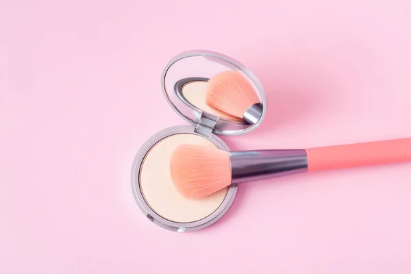 Beautiful Eyeshadow Palette Makeup Brush Lie Pink Background Top View — Stock Photo, Image