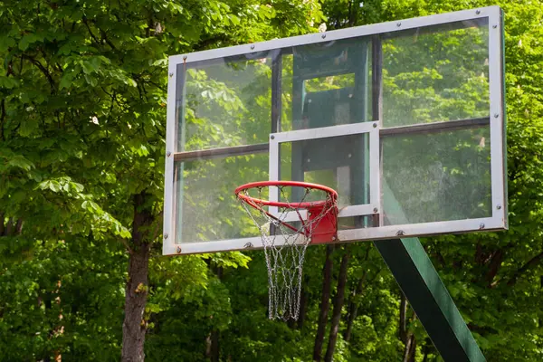 Yeşil ağaçların ve mavi gökyüzünün zeminine karşı kırmızı halkalı ve zincirli açık basketbol potası.