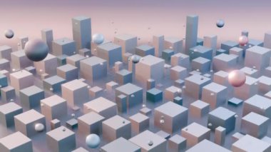 Yumuşak gri pembe tonlarda sakin geometrik şehir manzarası animasyonu. Kavramsal arkaplan.