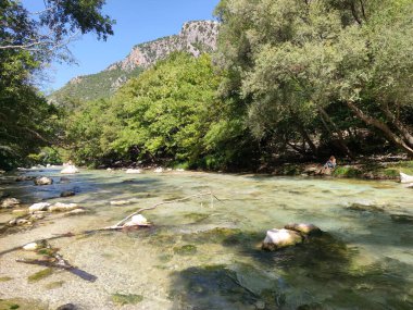 Acherontas Nehri Yunanistan 'ı keşfediyor. Yaz tatili. İnanılmaz Yunan doğası manzarası arka planında yüksek kalite büyük baskı var.