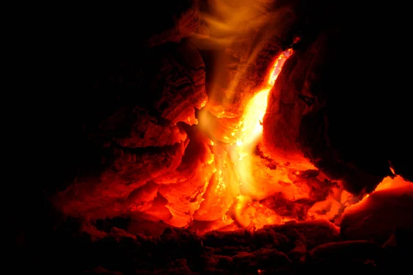 Fuego Llamas Humo Troncos Grandes Cerca Parrilla Fondo Madera Gran — Foto de Stock