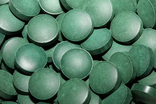 Green Algae Pills Close Medical Spirulina Platensis Space Food Modern — Foto de Stock