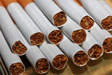 Renkli arka planda pek çok sigara, bir rulo tütünü kağıda sarıp filtre tüpüyle kapatılıyor. Sigara içilmeyen sigara yığınlarının ticari konsept görüntüsü yok. Sigara içilmeyen sigara tütünü yüksek neonicotinoid tehlikesini öldürüyor.